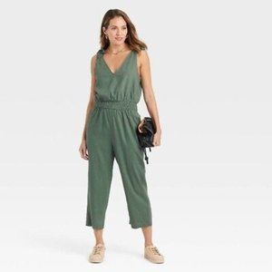 NWOT A New Day Green Linen Tie Shoulder Sleeveless Jumpsuit Size Medium